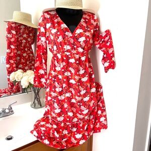 OLD NAVY women’s dress, M (8), red, floral, cotton, long sleeve